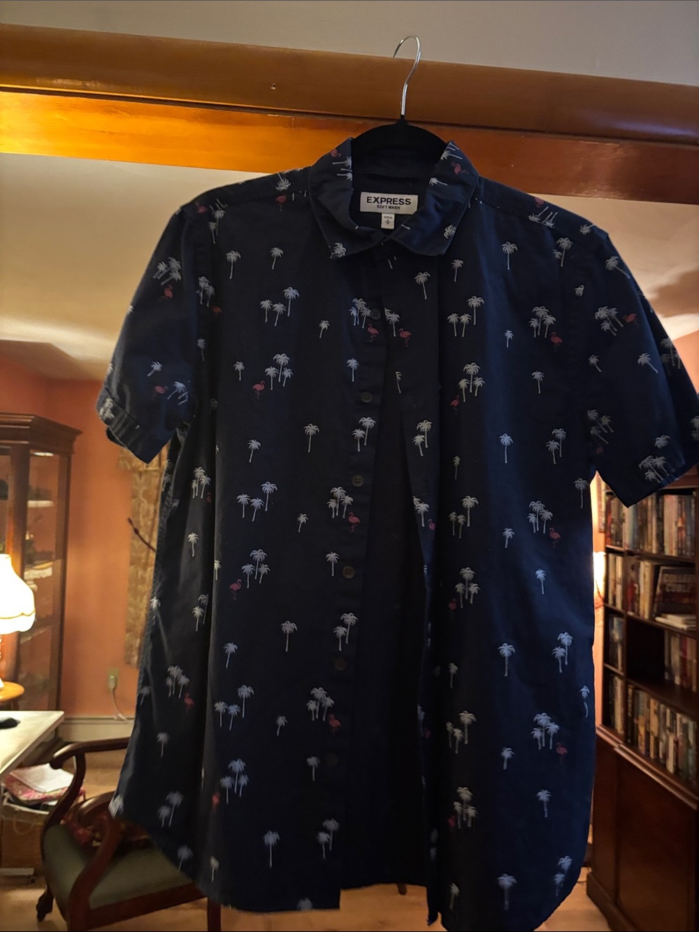 Express Navy Short-Sleeve Palm-Print Button-Down Shirt